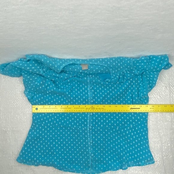 Chico's Blouse Womens Size 1 Medium 8 Blue Clip Dot Peplum‎ Flutter Sleeve Top - Picture 7 of 12